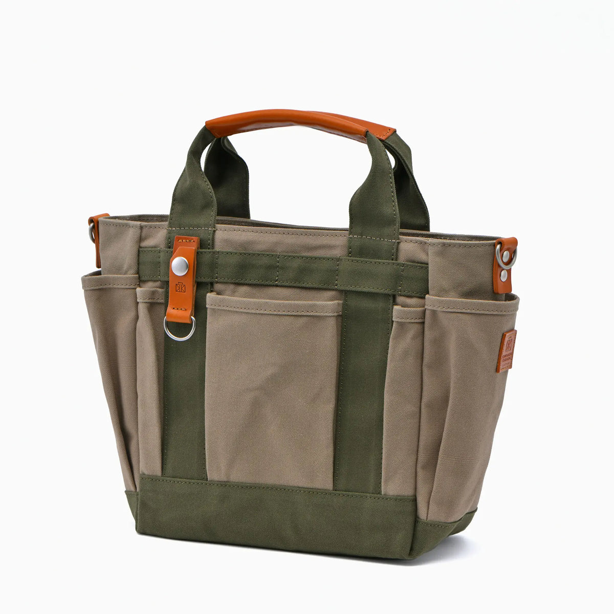 小さなガーデントート ポケットが沢山ミニトート アーミーダッグ×本革